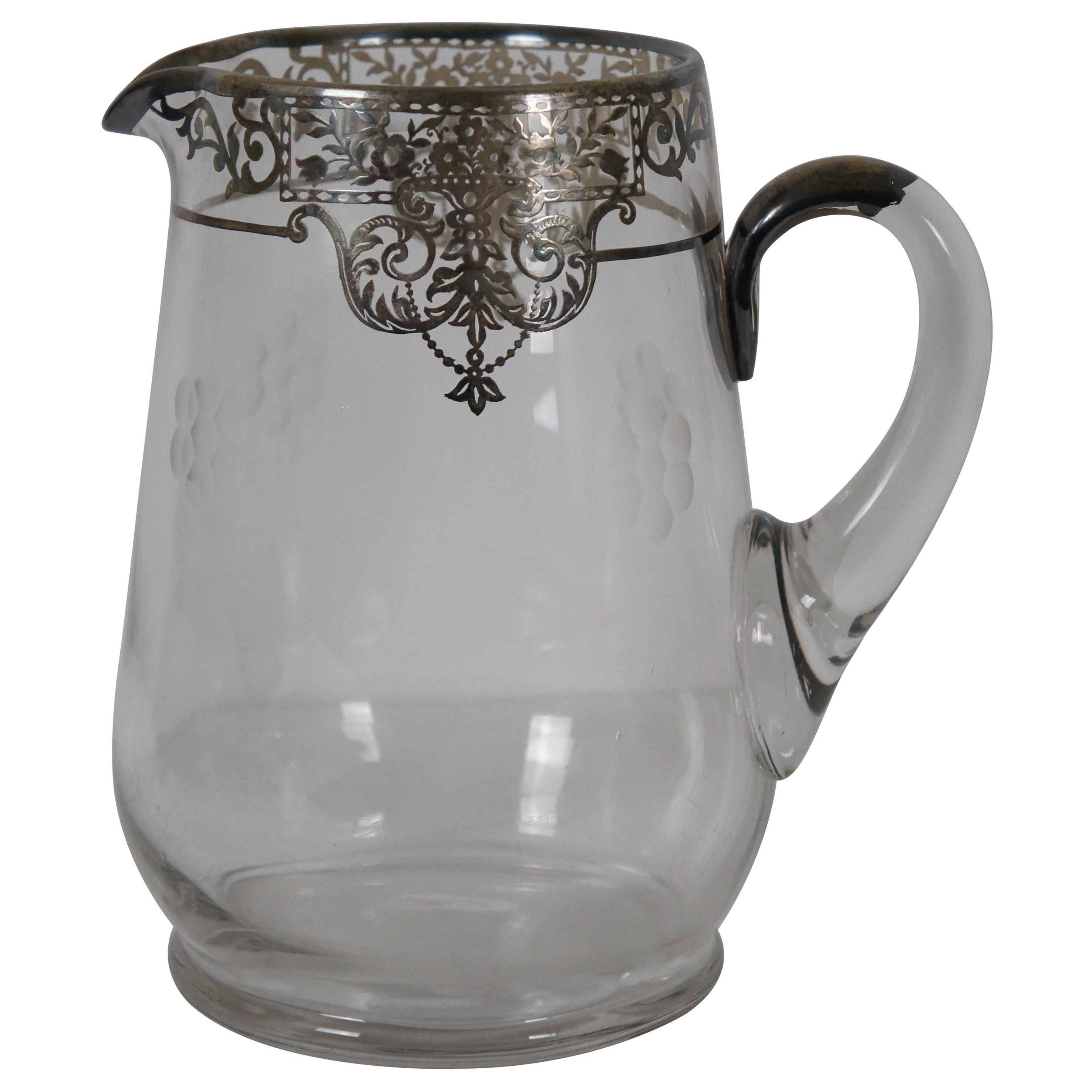 Antiker Jugendstil-Wasserkrug aus Glas und Sterlingsilber mit Blumenmuster, 8"