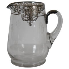 Vintage Art Nouveau Glass Sterling Silver Overlay Floral Water Pitcher Jug 8"