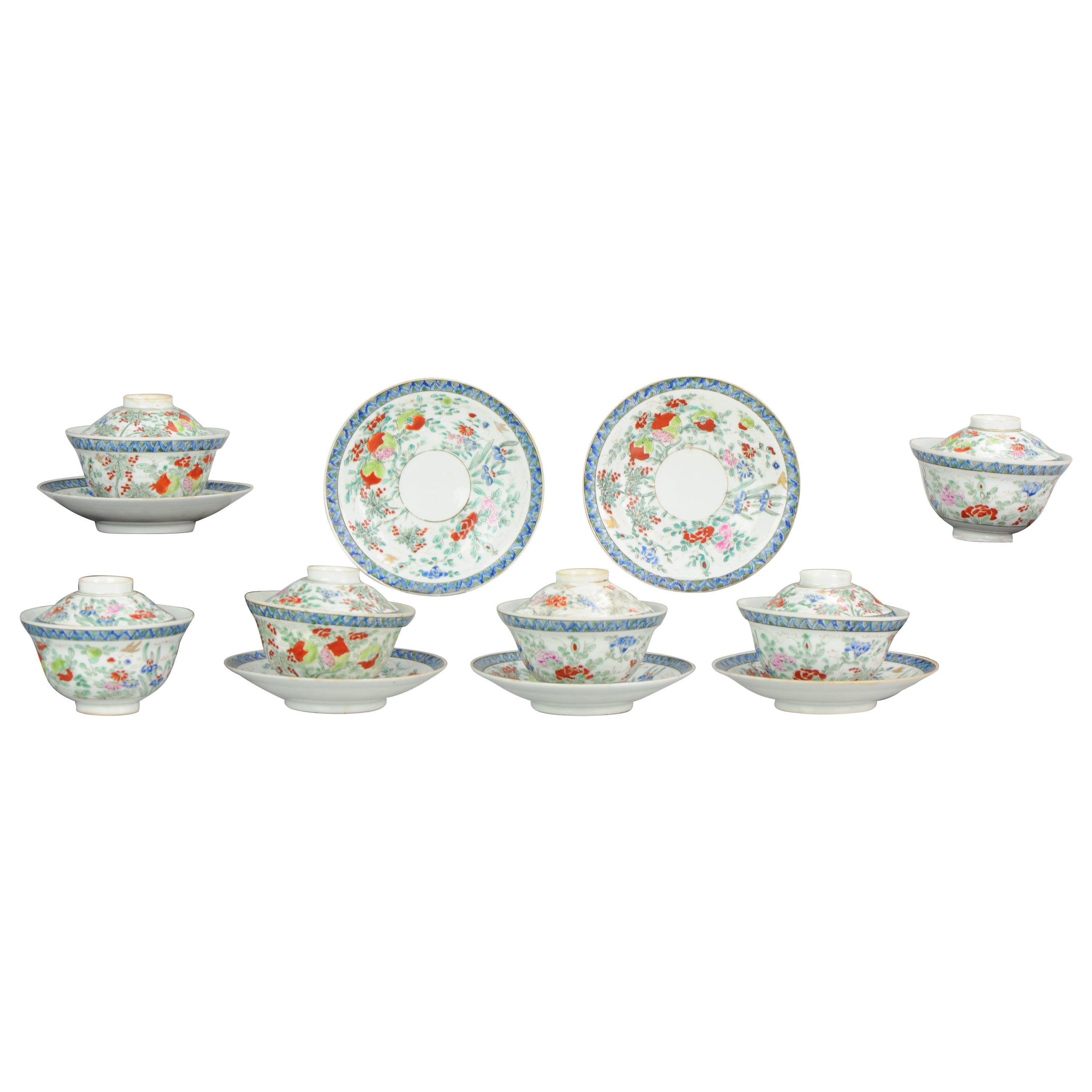 Set of 6 Antique Japanese Meiji Tea Bowls Porcelain Straits Ennamels Eggshell For Sale