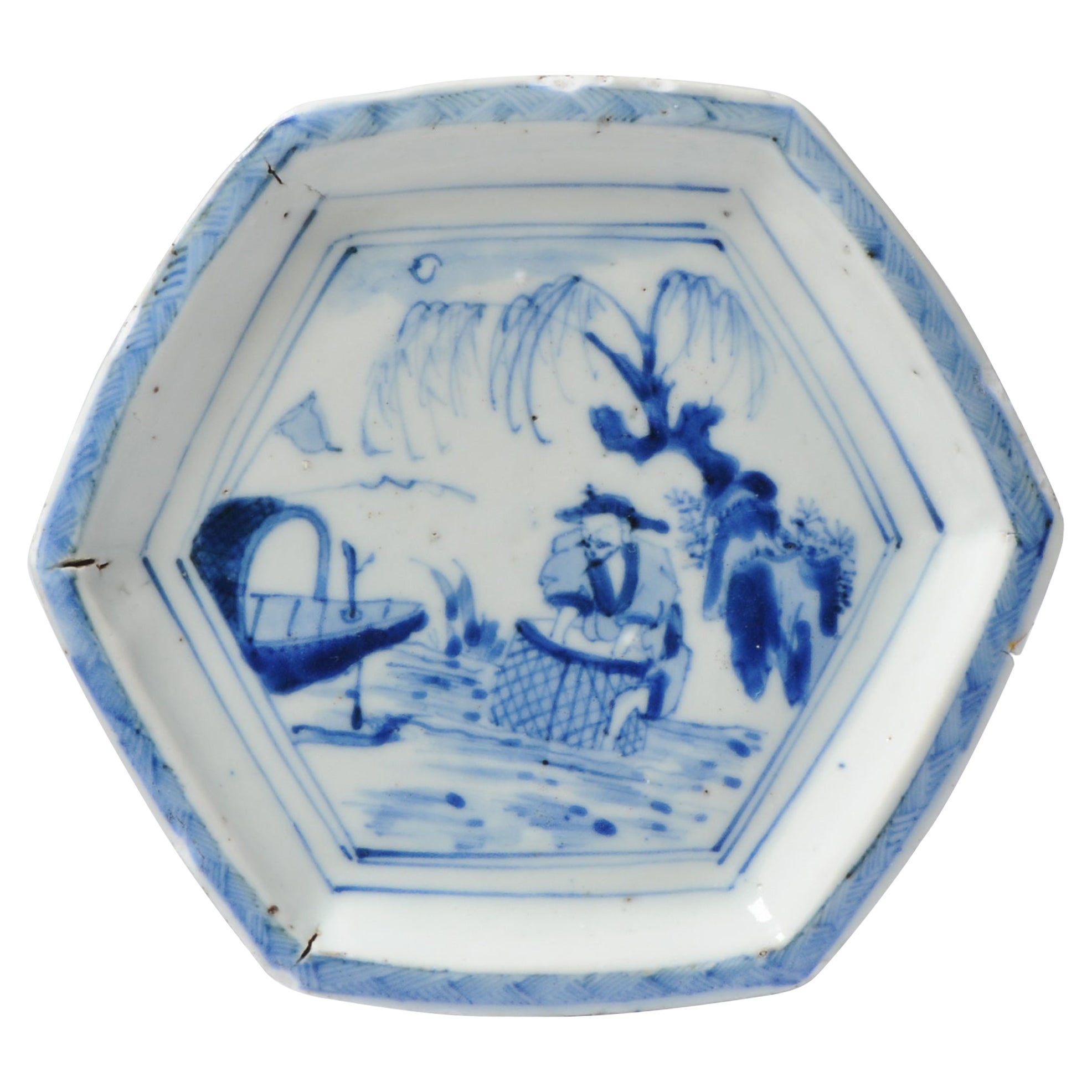 Antique Chinese Porcelain Kosometsuke Fisherman Plate Late Ming Tianqi, 17th Cen For Sale
