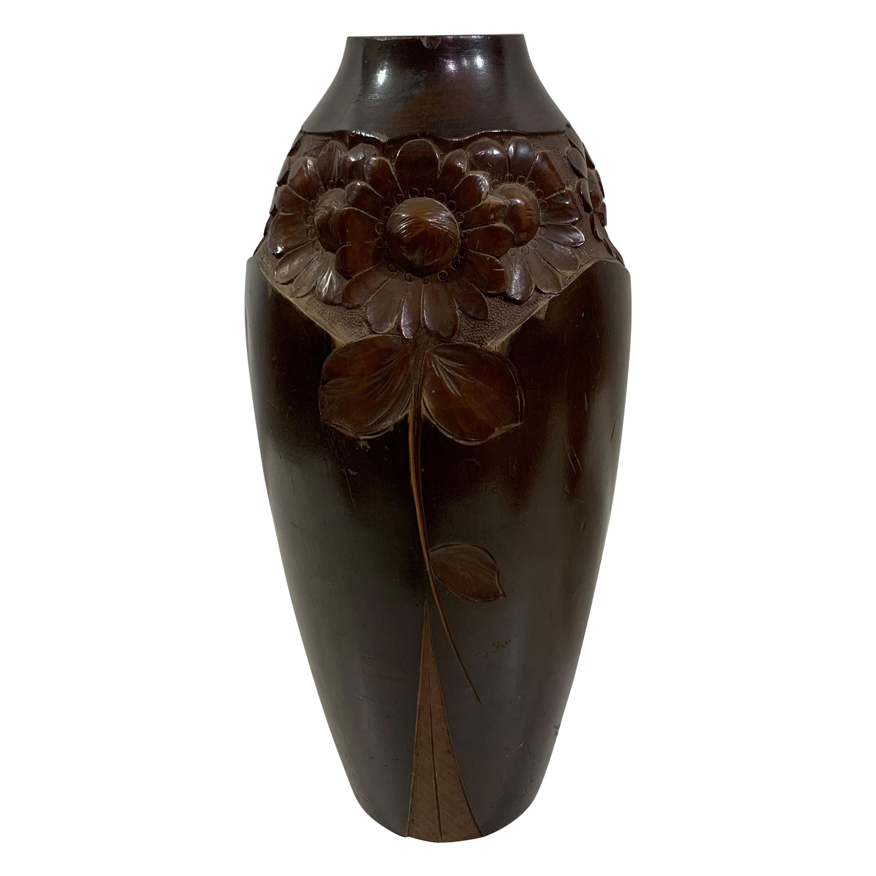Mid - 20th Century Vintage Hand Carved Wooden Vase 1 Signed Dupia