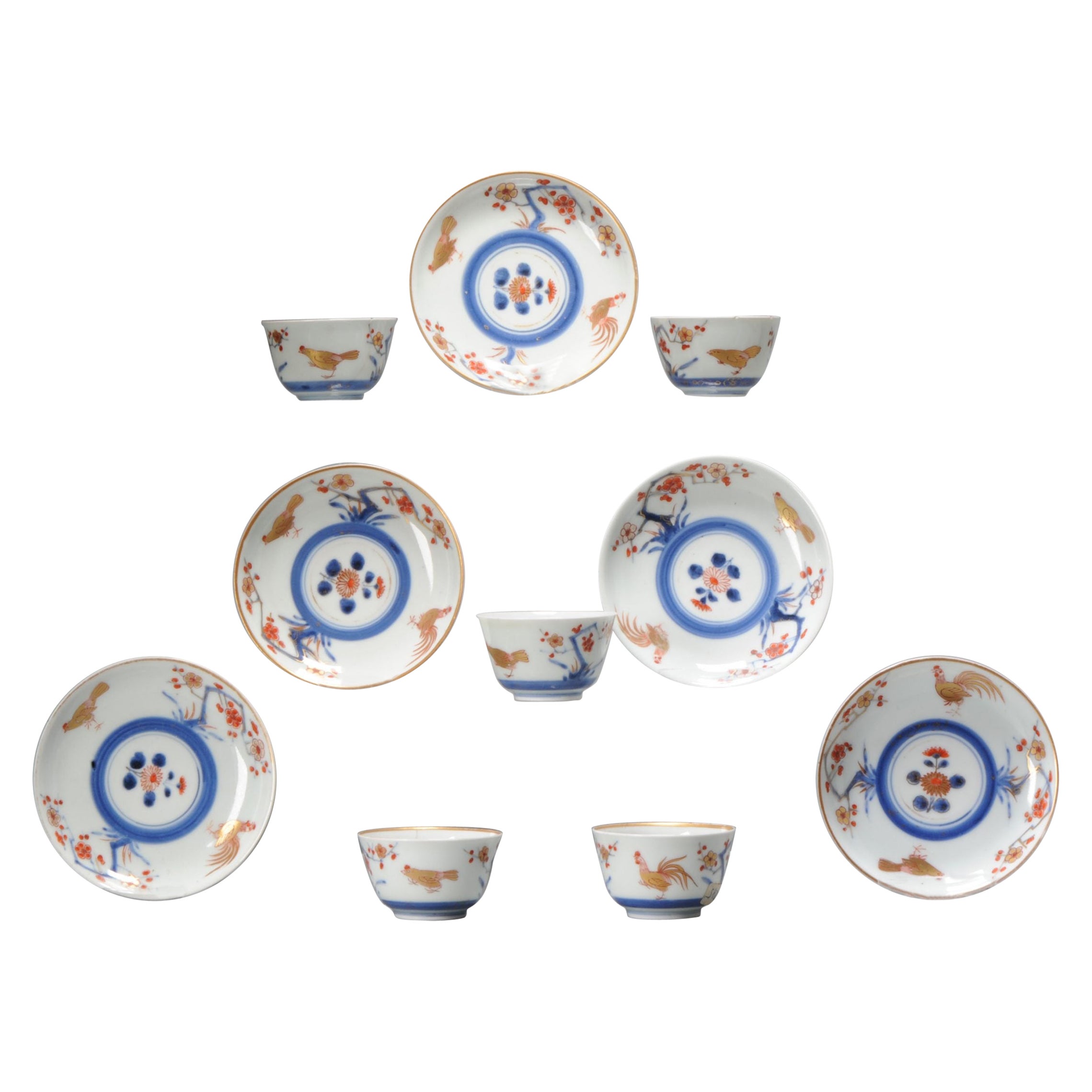 Juego de 5 tazones y platillos de té japoneses de porcelana Imari Porcelain dorada del periodo Edo