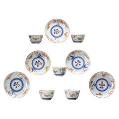 Antique Set of 5 Japanese Edo Period Gold Imari Porcelain Rooster Tea Bowls & Saucers