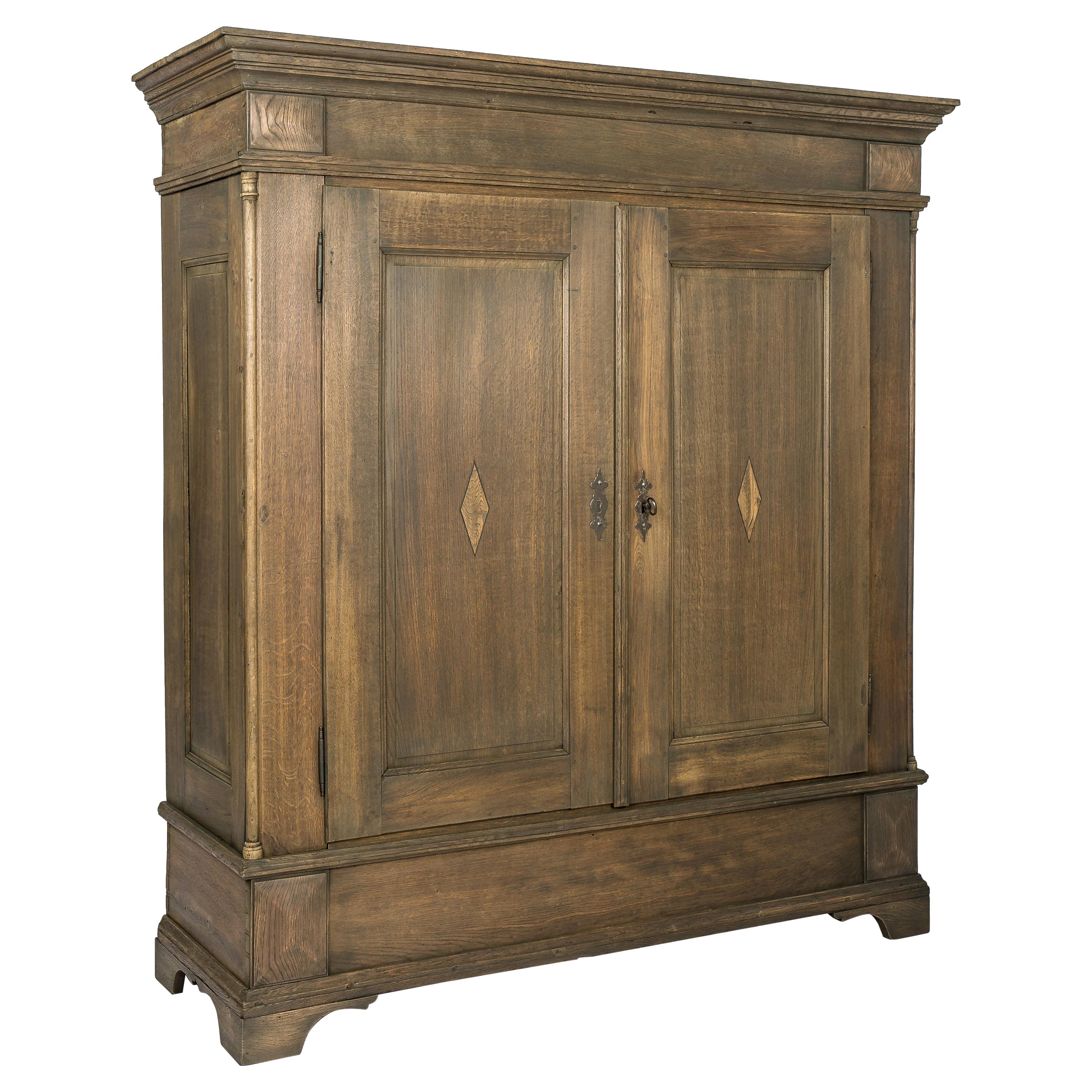Antique 19th-century German solid oak two-door gray matte finished cupboard  For Sale