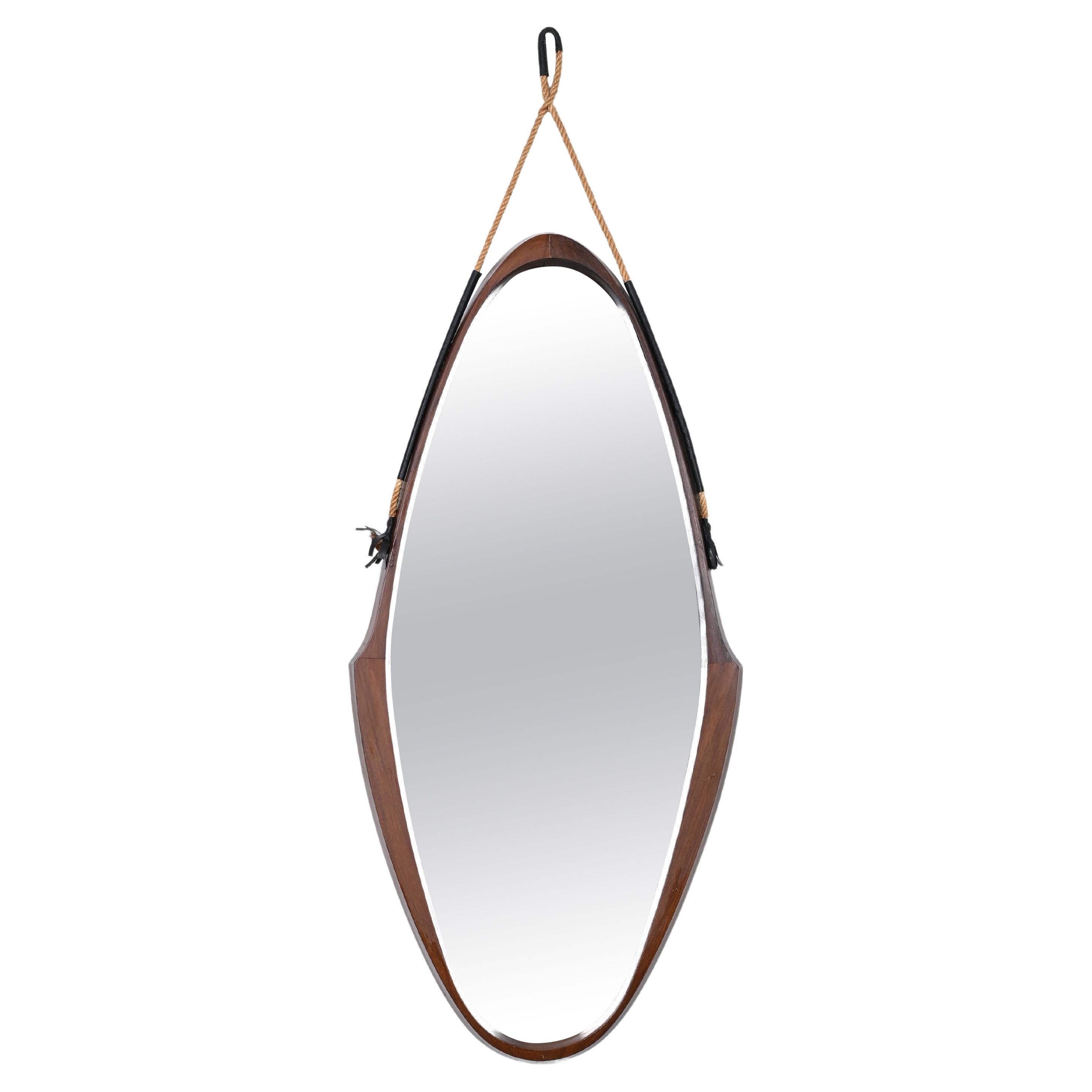 Midcentury Italian Oval Mirror in Curved Teak, Rope and Leather, 1960s