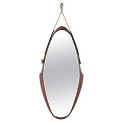 Miroir ovale italien du milieu du siècle en teck courbé, corde et cuir, années 1960