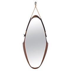 Midcentury Italian Oval Mirror in Curved Teak, Rope and Leather, 1960s