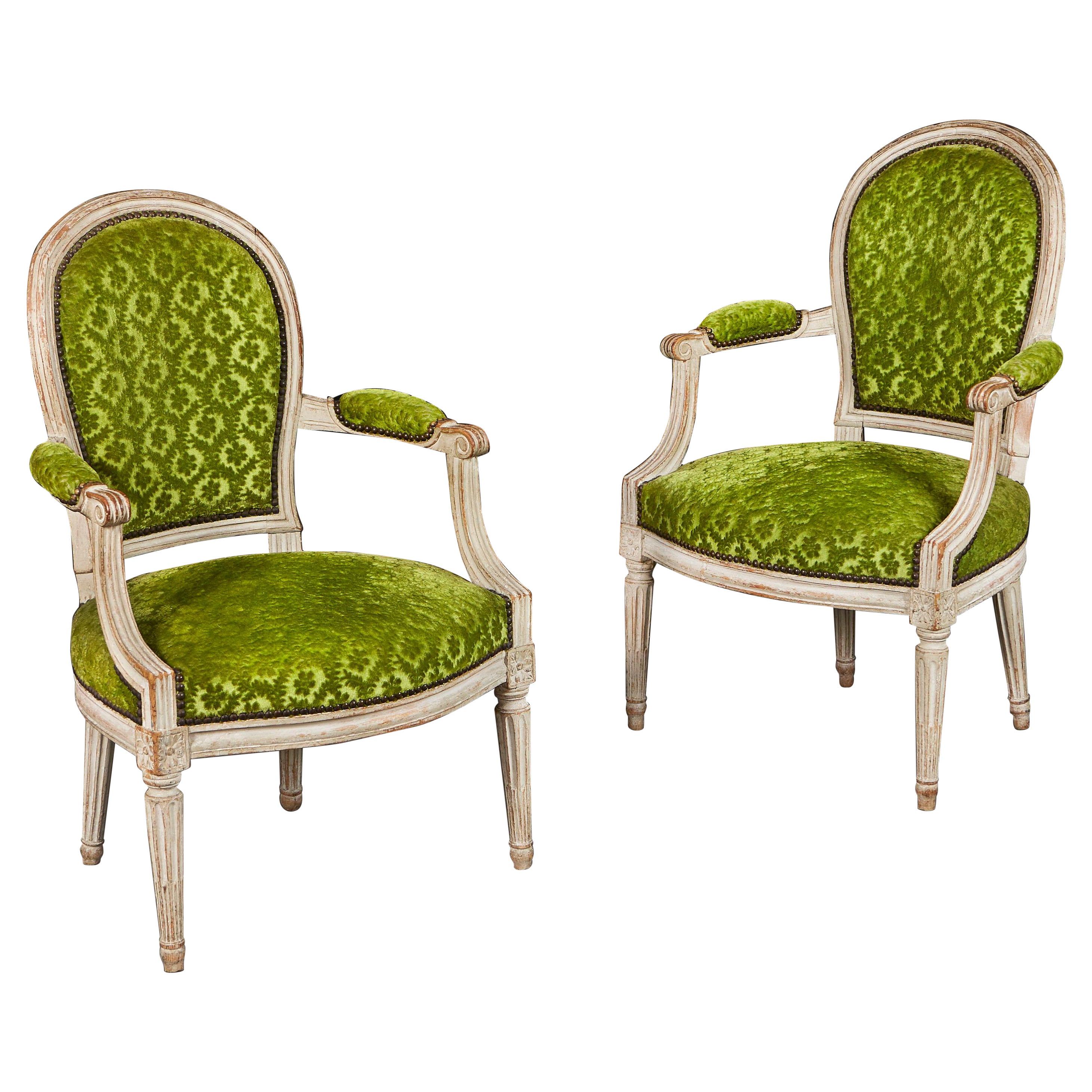 A pair of green velvet Louis XVI fauteuils armchairs  For Sale