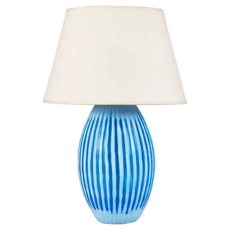 A large blue gadrooned murano lamp For Sale at 1stDibs