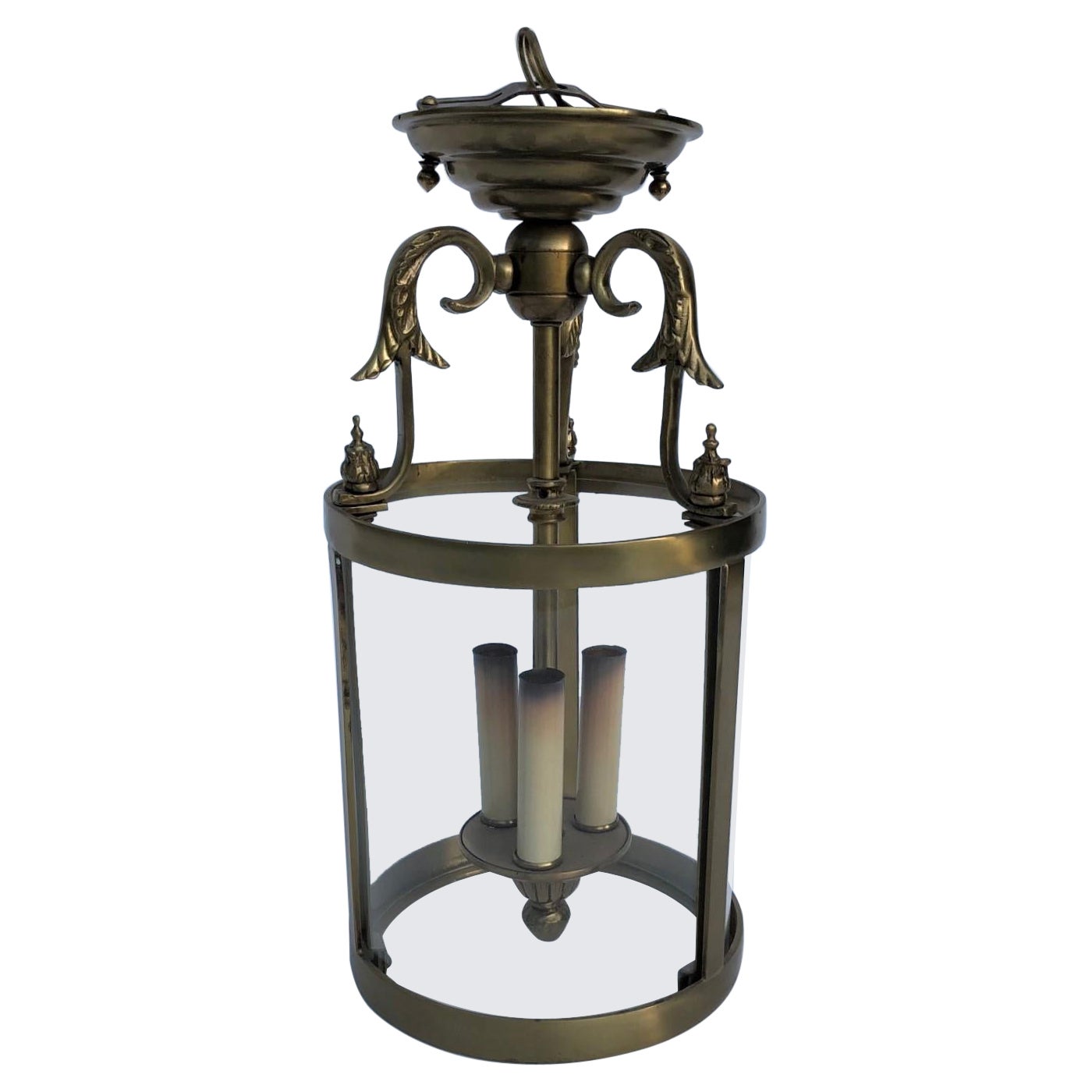 Brass Neoclassical Regency Lantern w/ 3 Candelabra Light Cluster & Curved Glass For Sale
