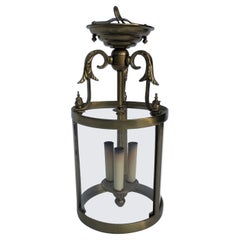 Brass Neoclassical Regency Lantern w/ 3 Candelabra Light Cluster & Curved Glass