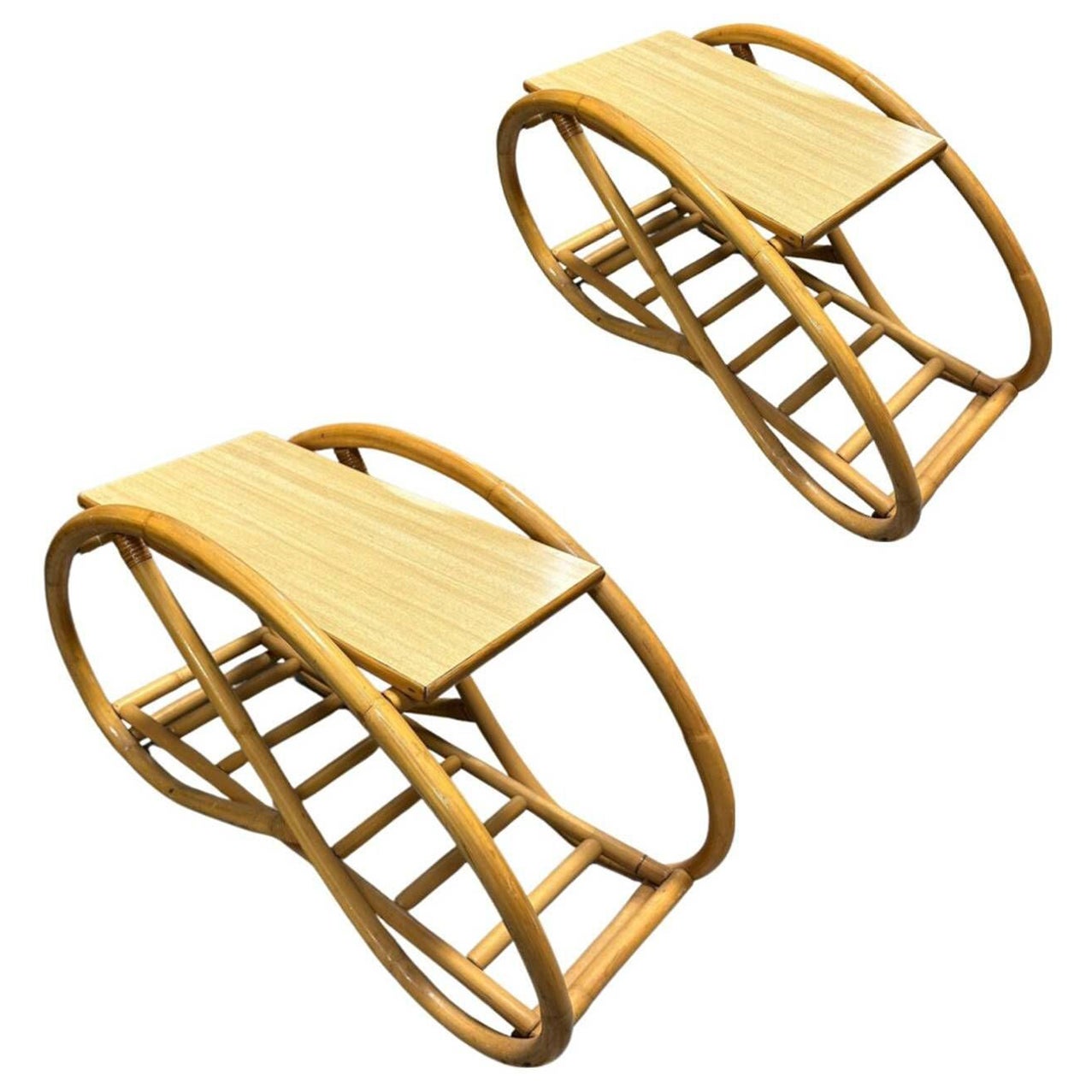 Restored 3/4 Pretzel "Grasshopper" Rattan Side Table w/ Formica Tops Set of 2 For Sale