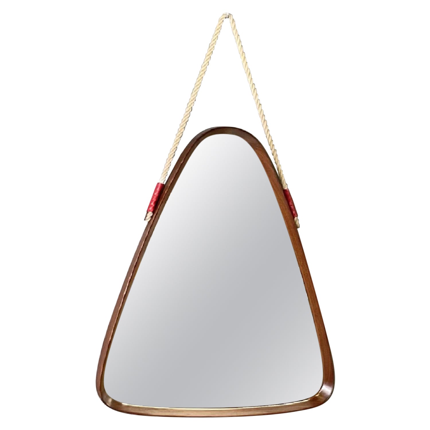 Italian mid-century modern solid wood triangular wall mirror with cord, 1960s
