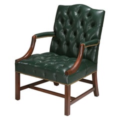 Antique Mahogany Leather Gainsborough Style Armchair w/ Diamond Tufted Seat & Back