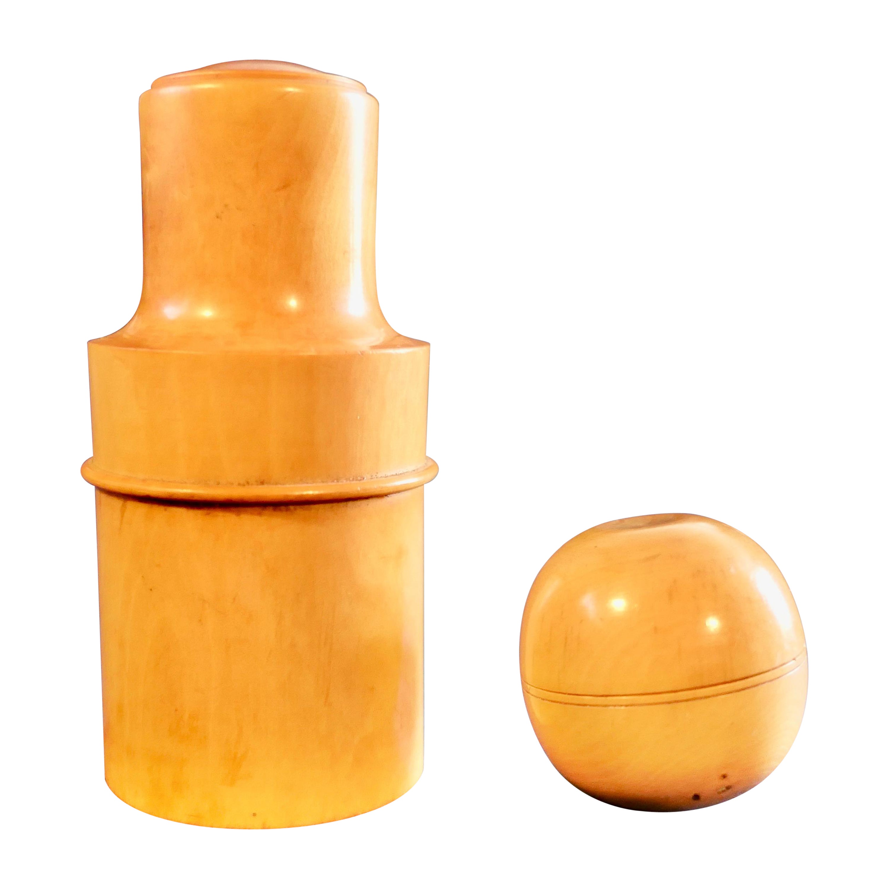 Treen Apothecary’s Bottle and Spherical Thimble Box in Sycamore   Made in the 19 For Sale