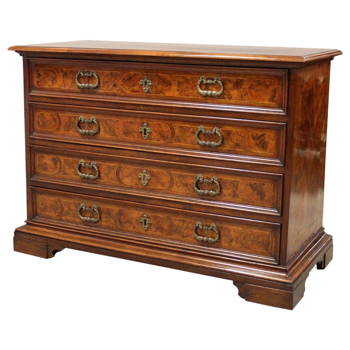 18th Century Italian Walnut Commode with Four Drawers and Ornate Hardware For Sale