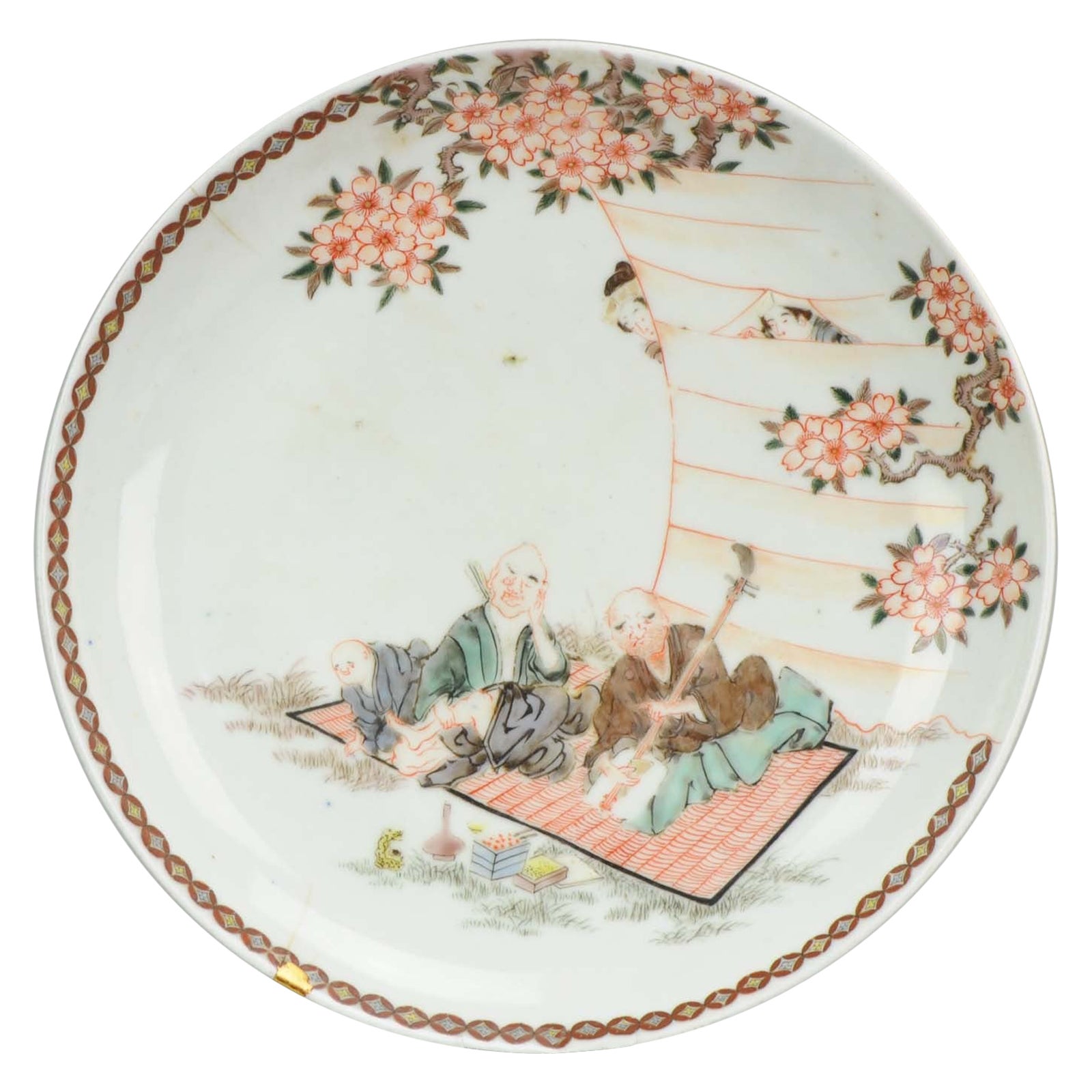 Antique Lovely Japanese Porcelain Arita Bowl Nabeshima Figures Kintsugi Marked For Sale