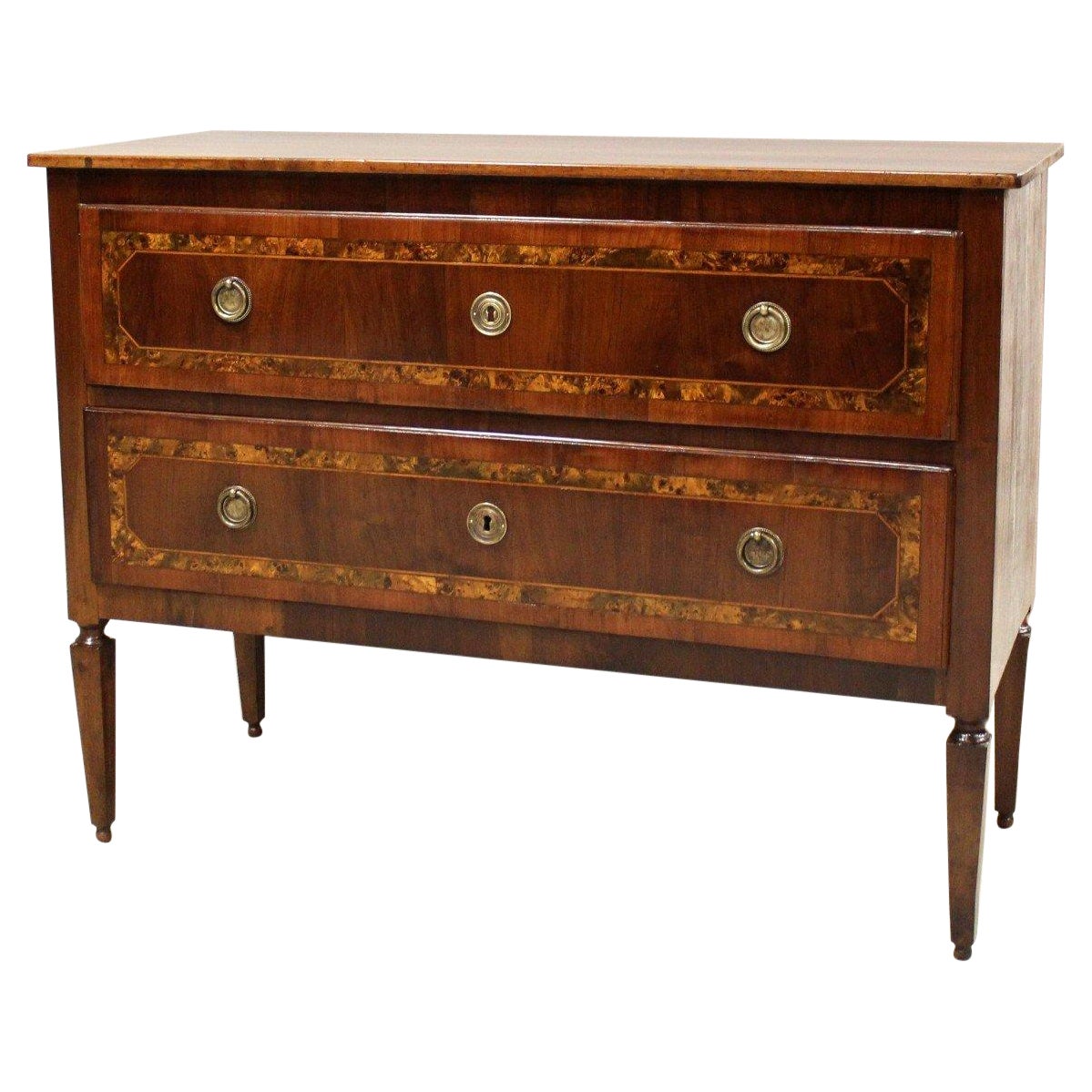 18th Century Italian Walnut Two Drawer Commode with Tapered Legs For Sale