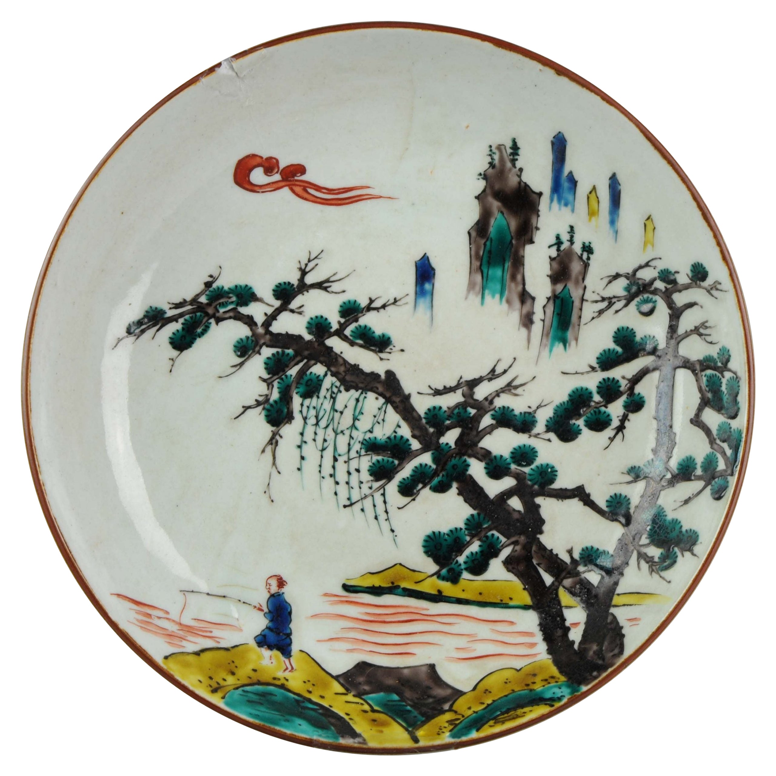 Japanischer Porzellanteller aus der Edo-Periode, antik, Kutani Japan, groß, 17./18. Jahrhundert im Angebot