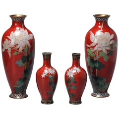 Antique Set of 4 Lovely Red Cloisonne Enamel Flower Vases Meiji Era, 1868-1912