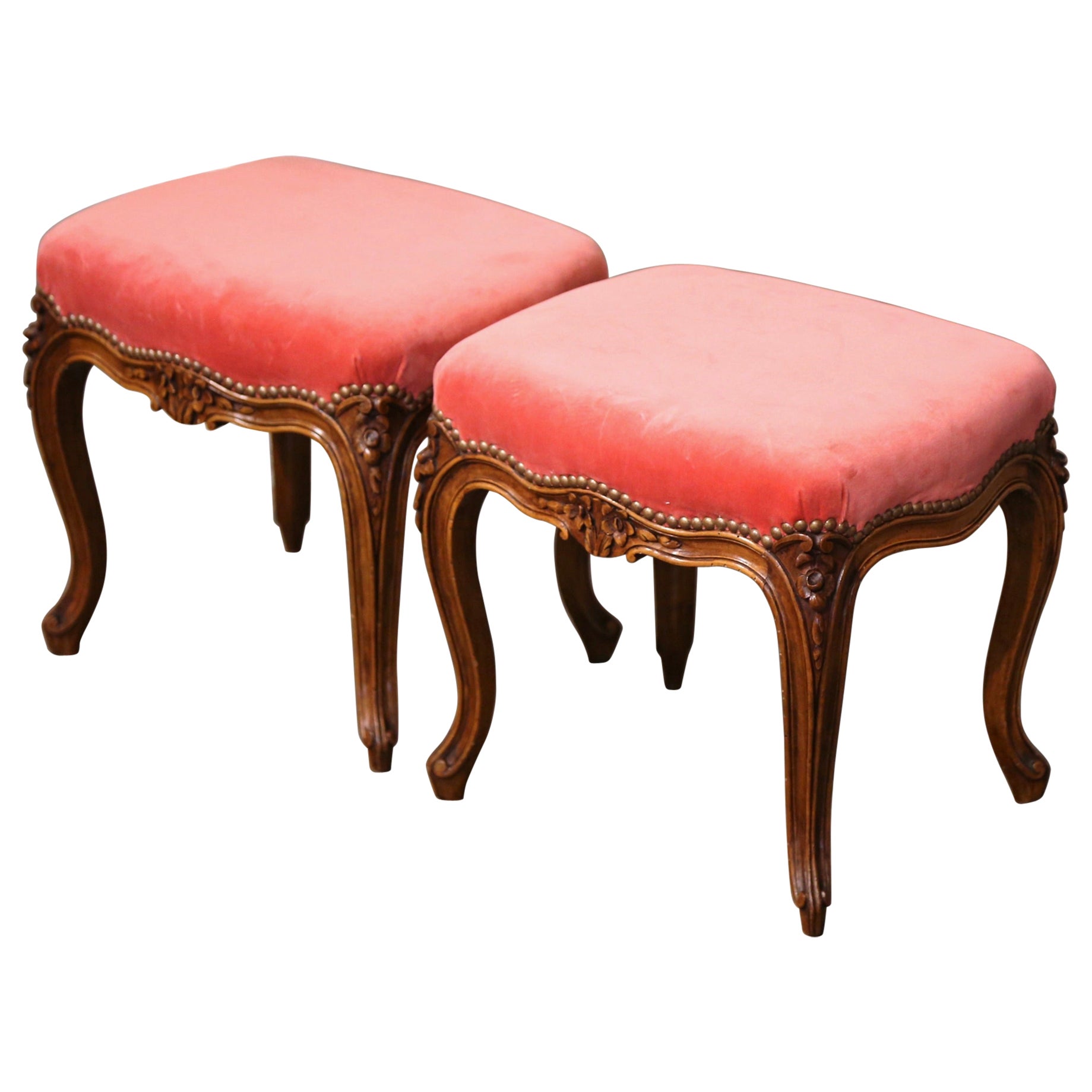 Pair of Mid-Century French Louis XV Carved Walnut Stools with Velvet Upholstery