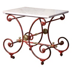 Antique 18th Century French Marble Top Red Painted Iron Pastry Table with Bronze Mounts