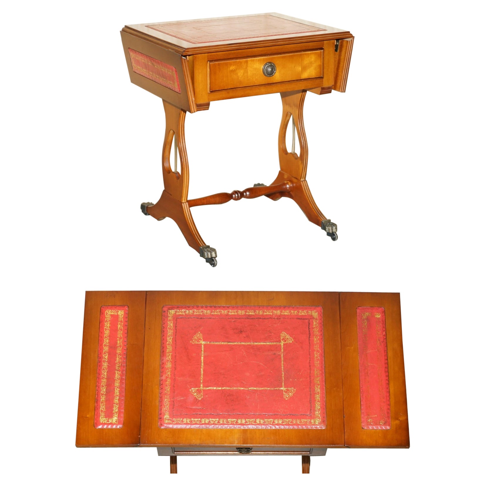 LOVELY ViNTAGE OXBLOOD LEATHER EXTENDING SIDE TABLE WITH GOLD LEAF INLAY For Sale