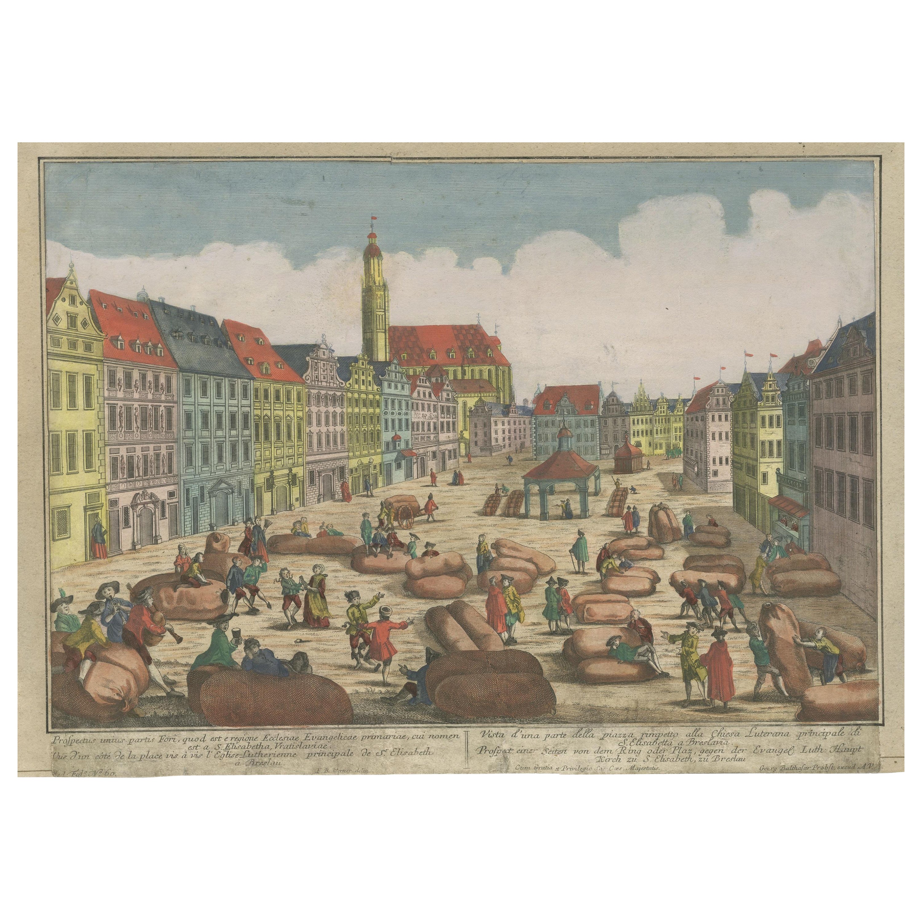 Antique Optical Print of the Market Square with St. Elizabeth Church, Wroclaw For Sale
