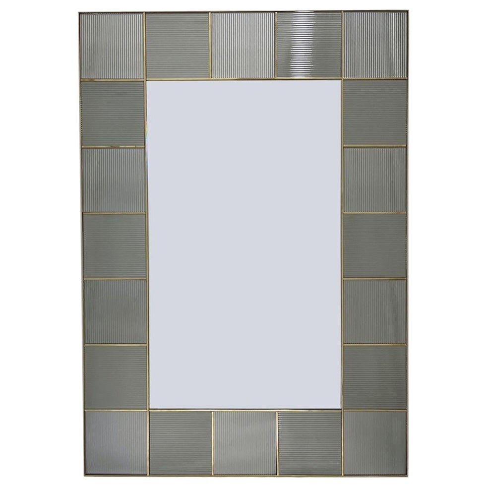 Custom Italian Art Deco Silver Gray Murano Glass Geometric Tile Brass Mirror For Sale