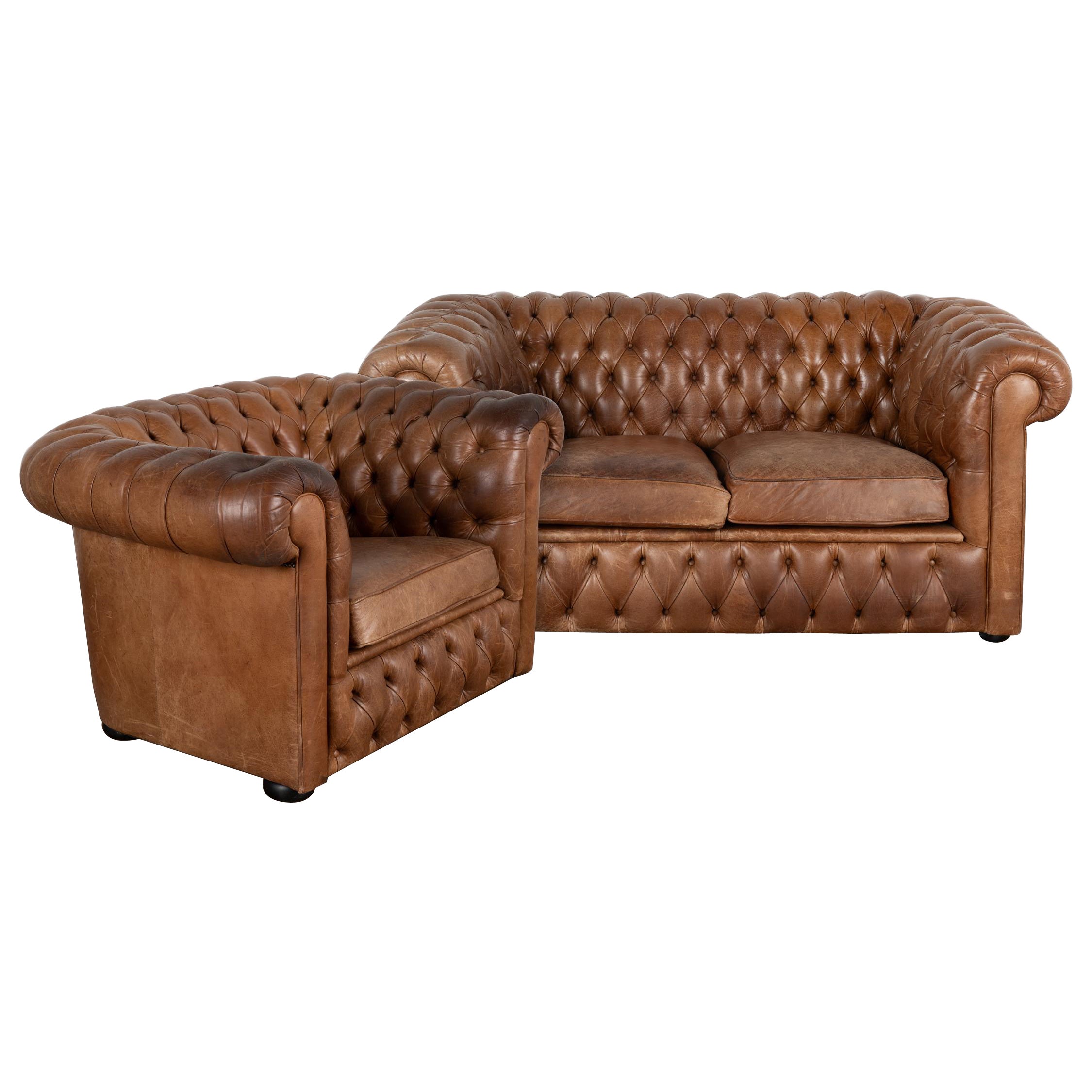 Pair, Brown Leather Chesterfield 2 Seat Sofa & Club Chair, Denmark circa 1960-70