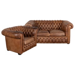 Used Pair, Brown Leather Chesterfield 2 Seat Sofa & Club Chair, Denmark circa 1960-70