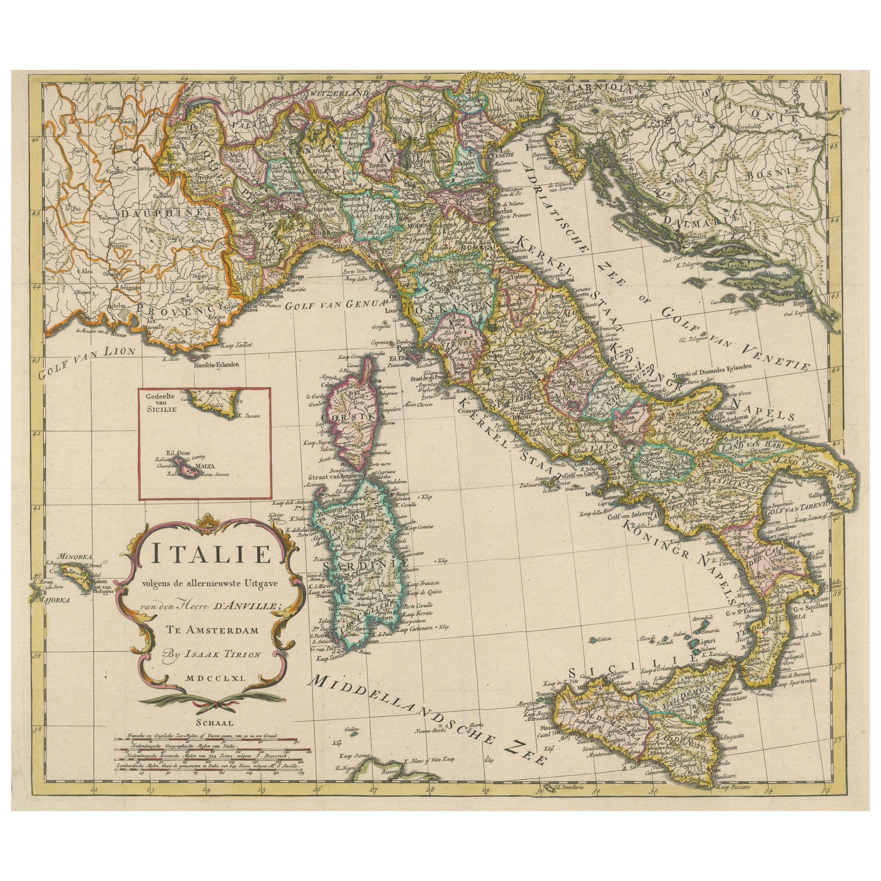 Detailed Antique Map of Italy and surrounding Islands For Sale