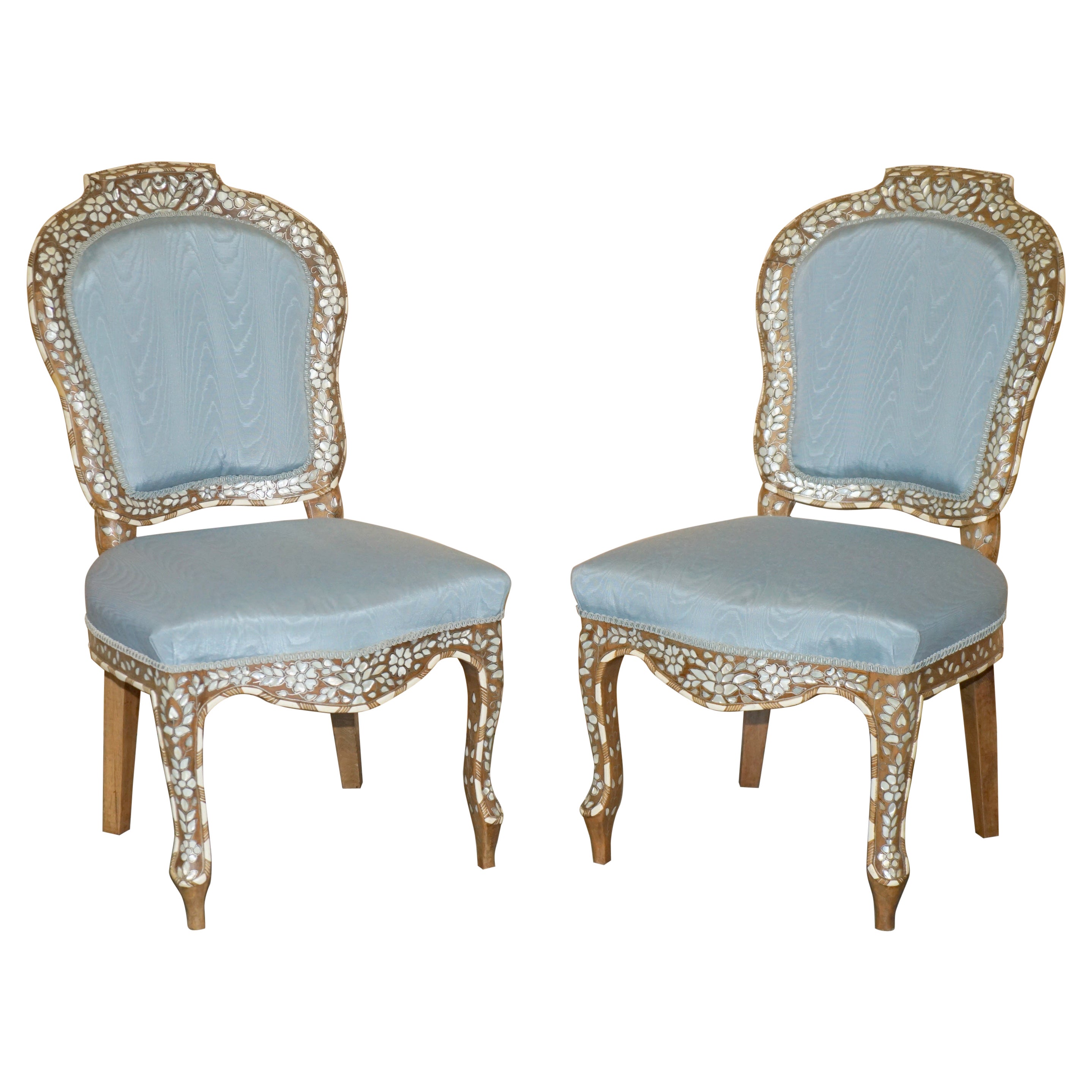 SUBLiME PAIR OF ANTIQUE MOTHER OF PEARL INLAID SIDE CHAIRS WITH HARDWOOD FRAMES For Sale