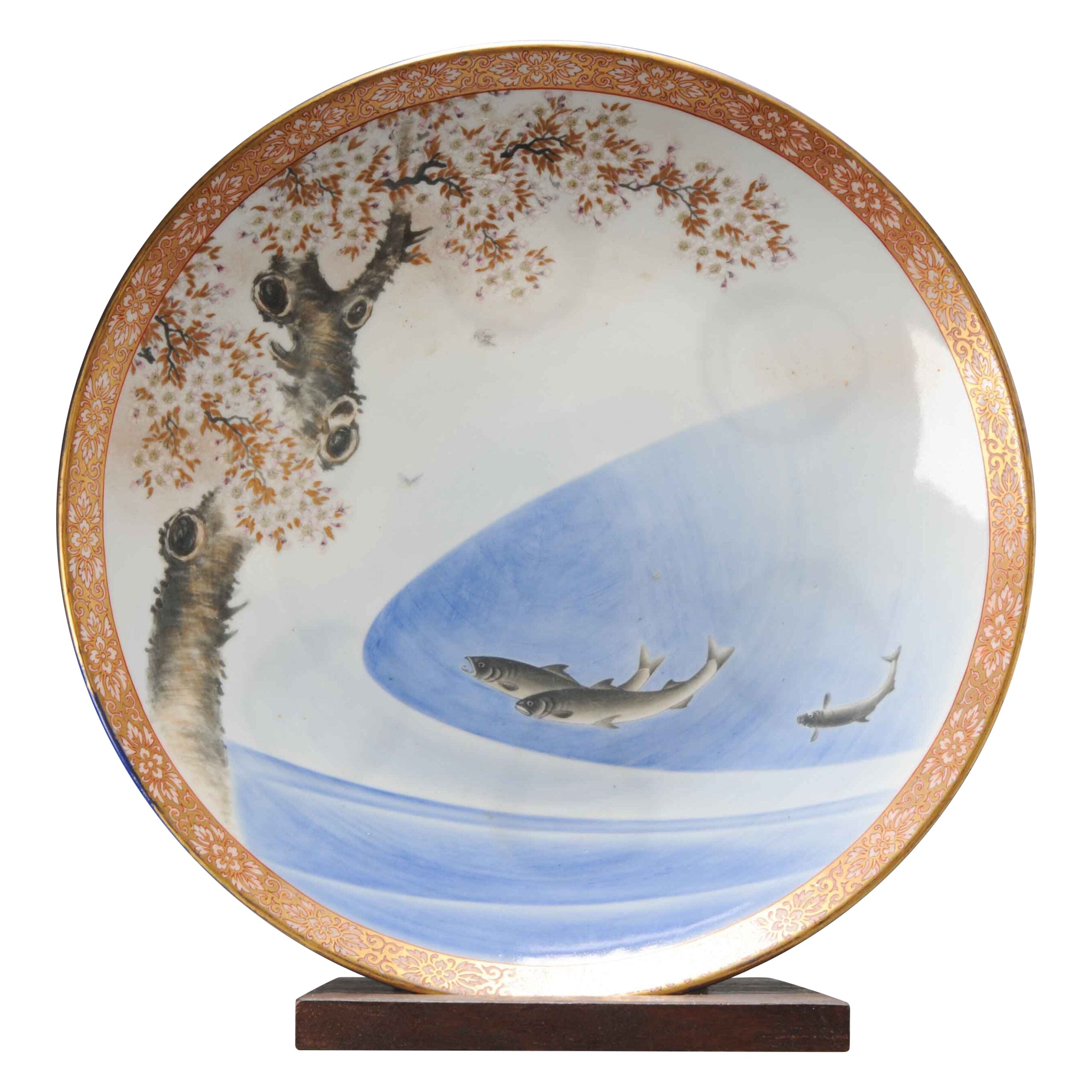 Fine Art Period Koransha Japanese Porcelain Polychrome Plate Flowers, 19th Cen For Sale