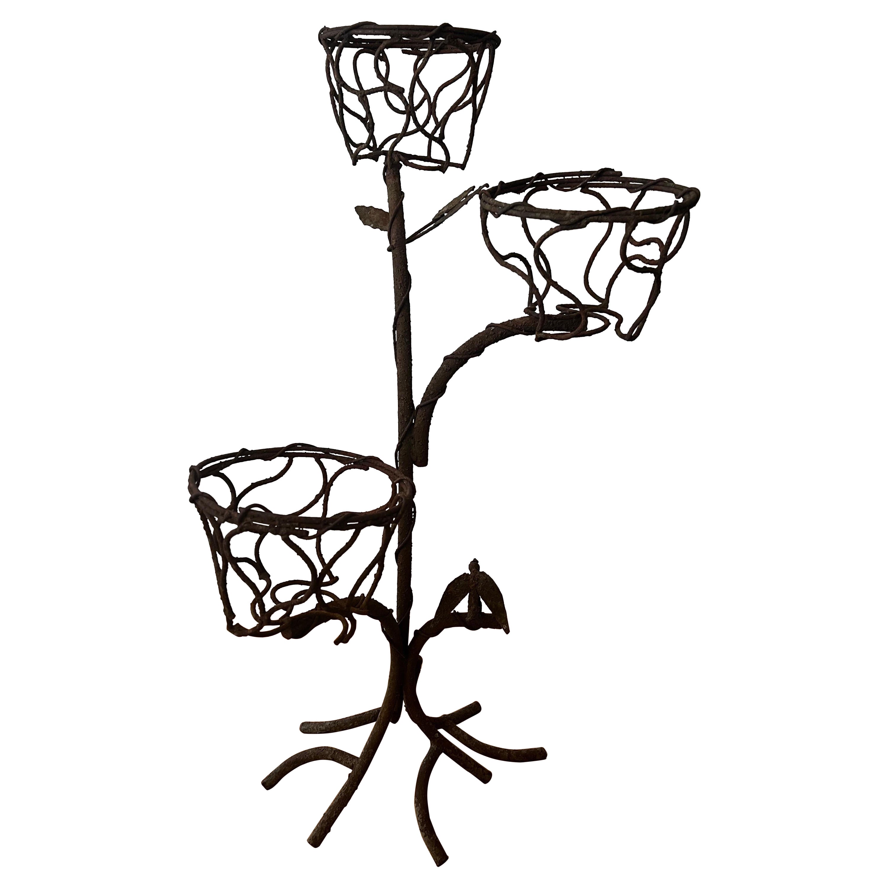 Vintage Wrought Iron Tree Branches with Bird Plant Stand in Manner of Giacometti For Sale