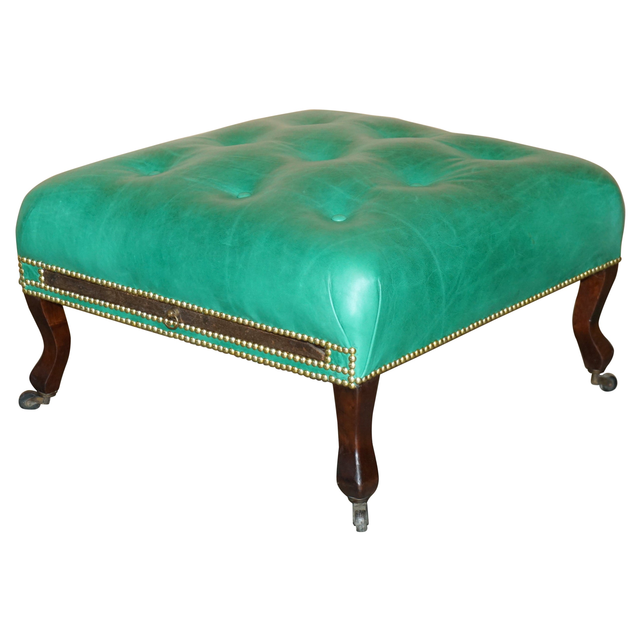 RARE ANTIQUE GEORGIAN 1760 CHESTERFIELD LEATHER FOOTSTOOL WiTH SLIP SERVING TRAY For Sale