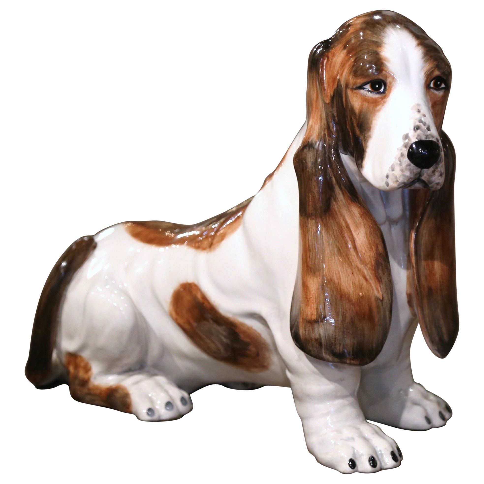 Vintage Italian Terracotta Barbotine Basset Hound Dog Sculpture Signed C. S. M. For Sale