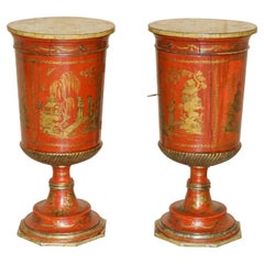 PAiR OF TALL ANTIQUE CHINESE CHINOISERIE SIDE TABLES WITH CUPBOARD BASE DRAWERS
