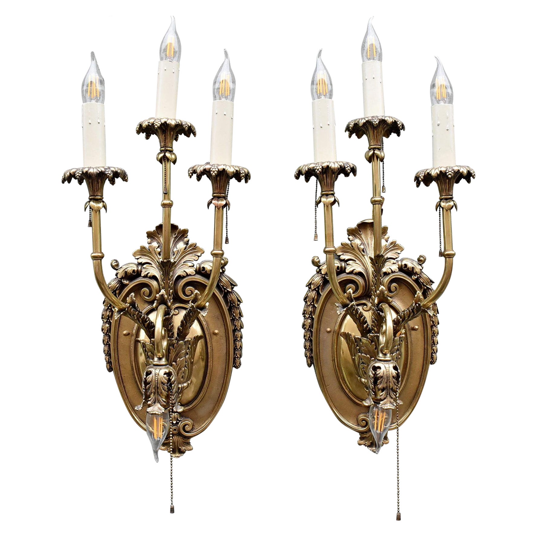 Pair of Oversized Brass French Sconces with Four Arms For Sale