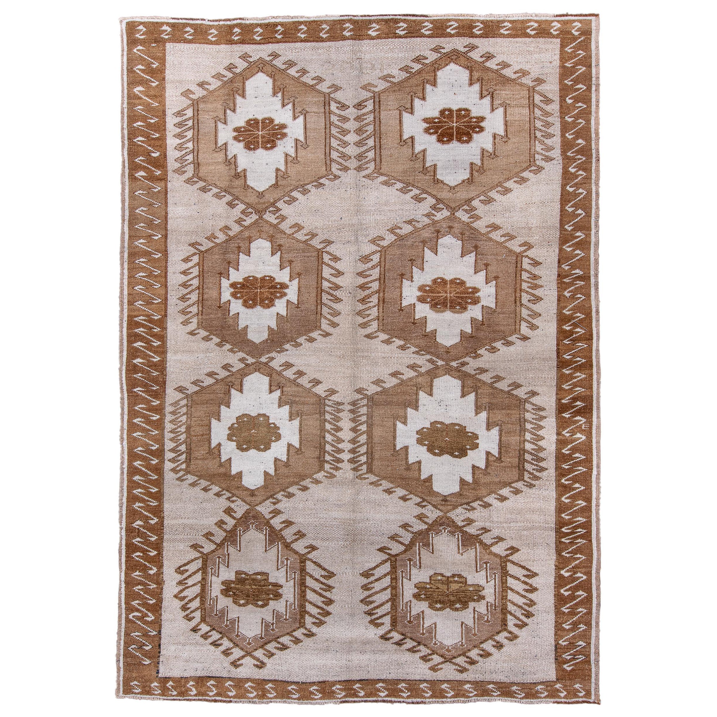 Vintage Turkish Kars with Ecru Field and Zig Zag Border