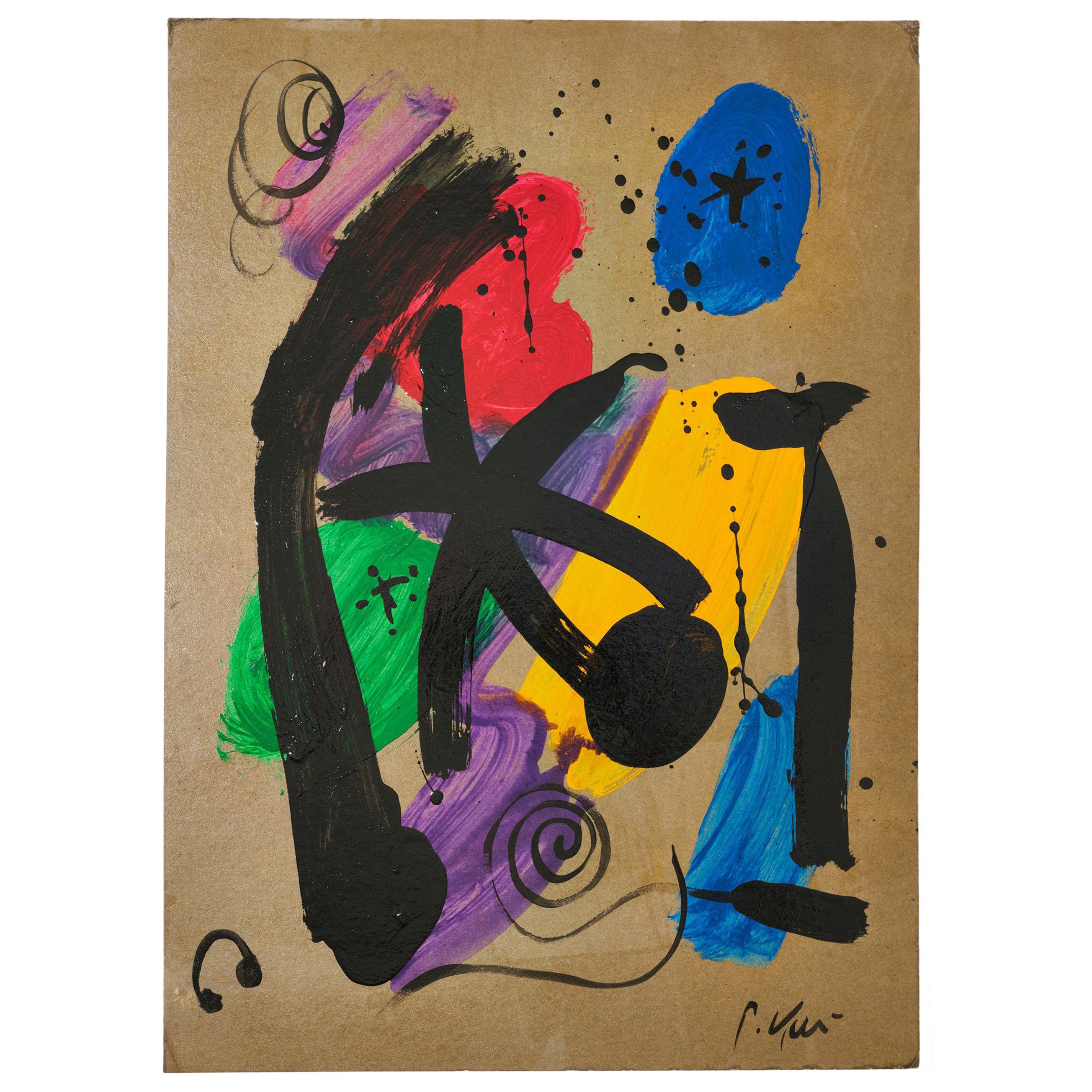 Peinture de Peter Keil,  Acrylique sur papier, vers 1970, rouge/bleu/vert/jaune/violet