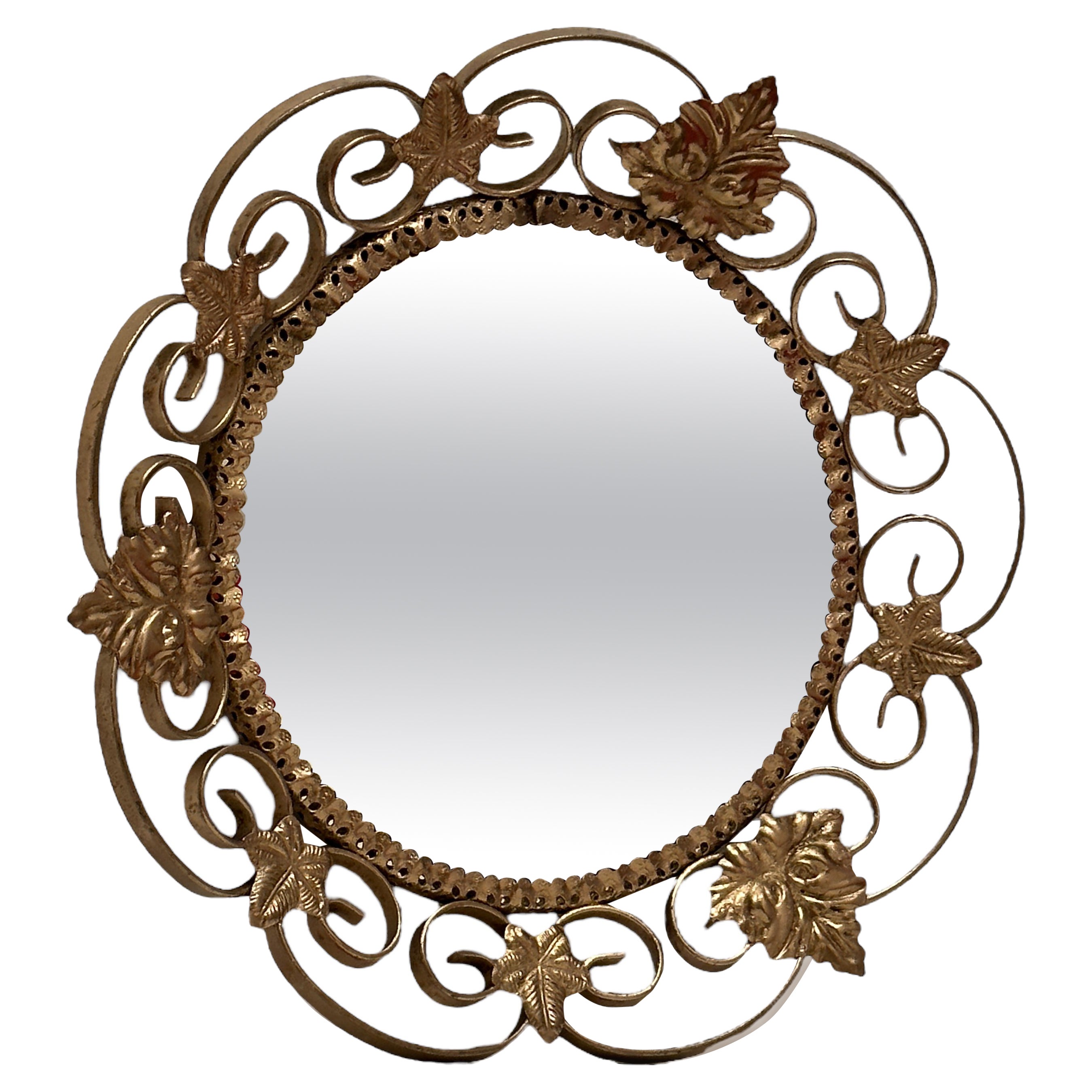 Gilt Vine Leaves Hollywood Regency Convex Wall Mirror, Toleware Tole 1960s Italy For Sale