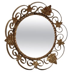 Vintage Gilt Vine Leaves Hollywood Regency Convex Wall Mirror, Toleware Tole 1960s Italy