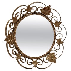 Retro Gilt Vine Leaves Hollywood Regency Convex Wall Mirror, Toleware Tole 1960s Italy