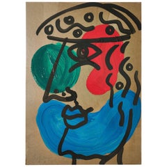 Painting by Peter Keil, Acrylic On Board, Red/Blue/Green/Black, C 1970, Germany