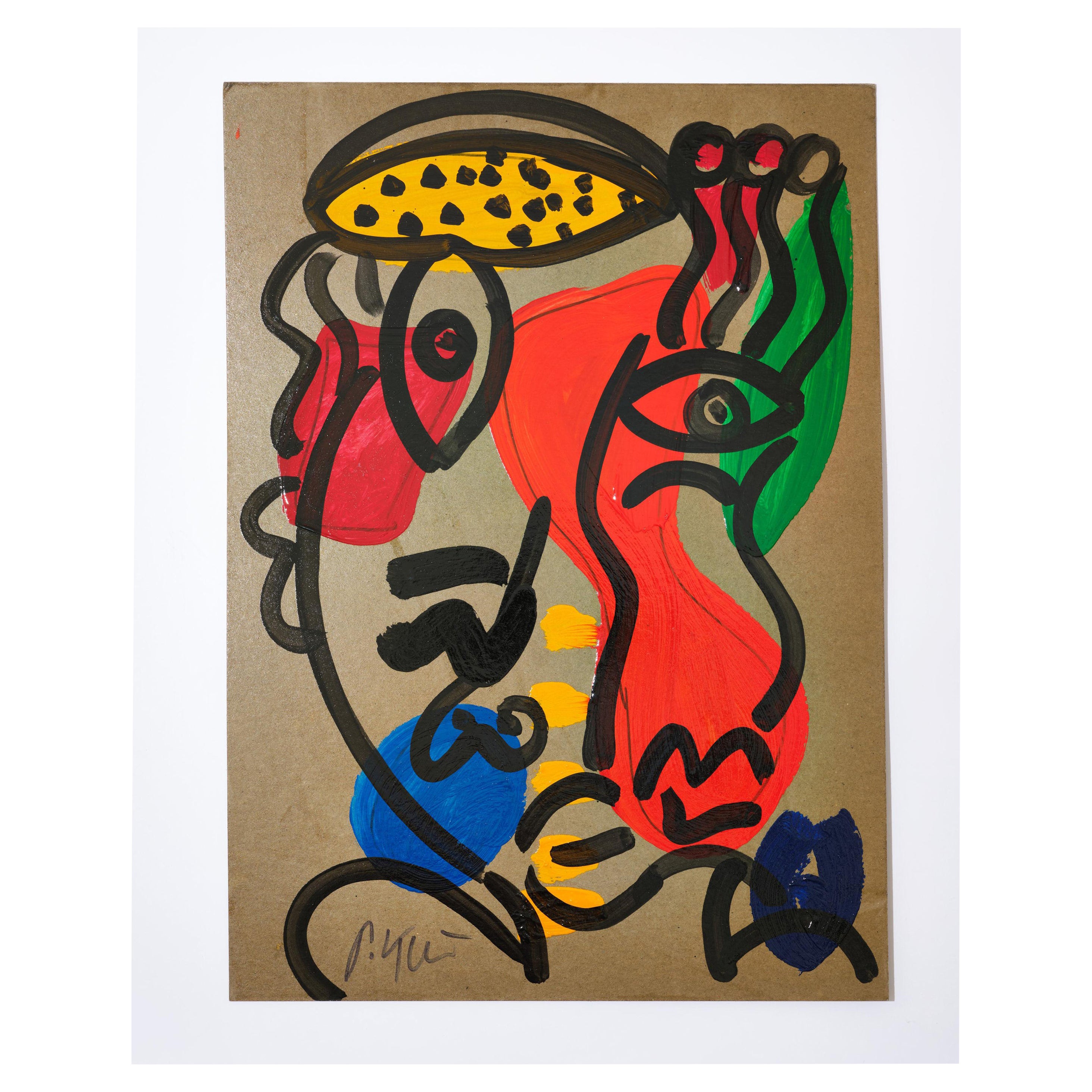 Painting by Peter Keil, Acrylic On Board, Red/Blue/Green/Yellow, C 1970, Germany