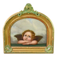 Vintage Oil Painting on Wood with a Winged Cherub