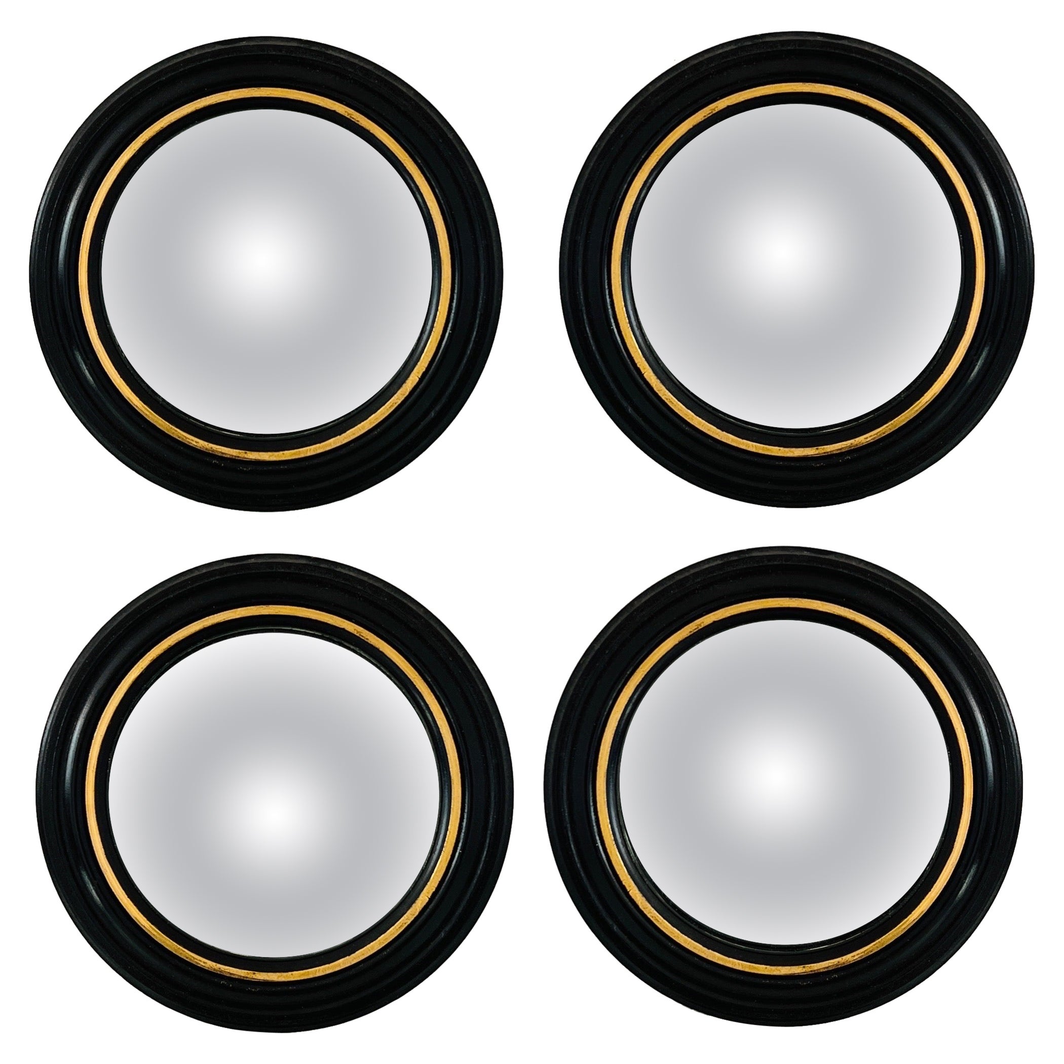 Set of Four Regency Convex Bullseye Mirrors in Black Plaster and Gold