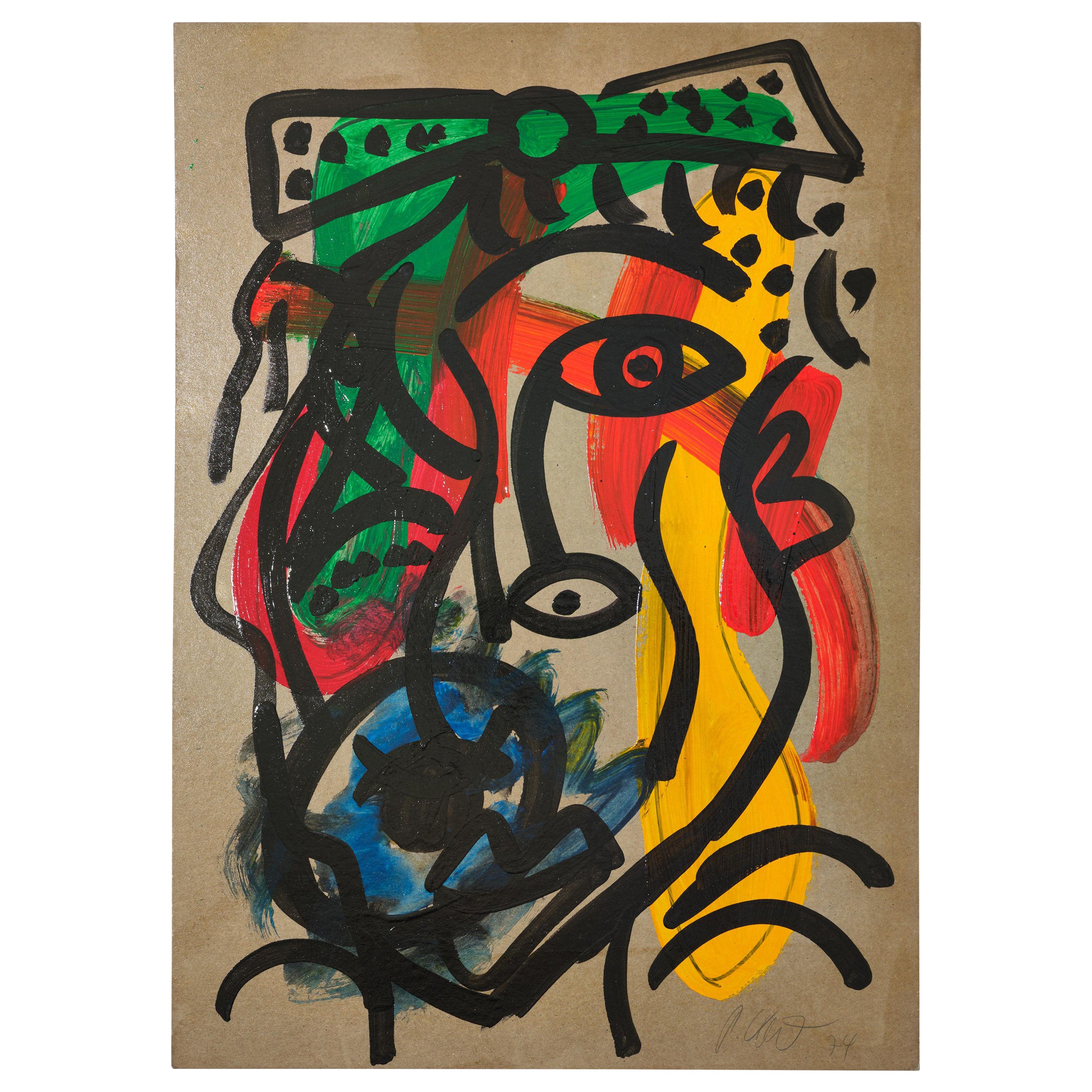 Painting by Peter Keil, C 1974, Red/Blue/Green/Yellow, Signed, Acrylic On Paper For Sale