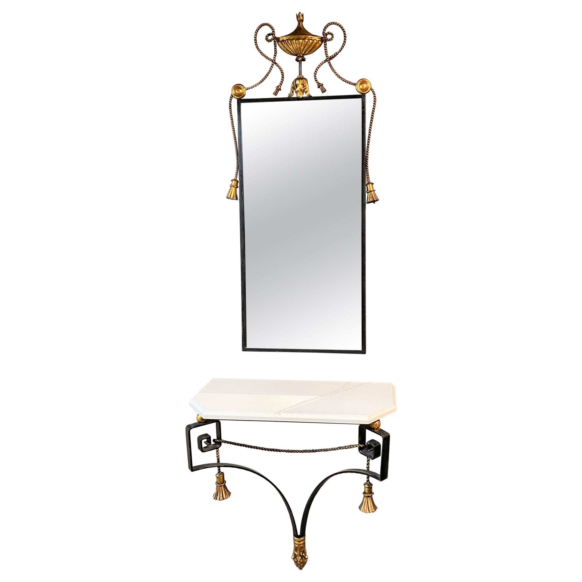 Palladio Furniture Italian Console with Gilded Tassels & Mirror with Urn Crest